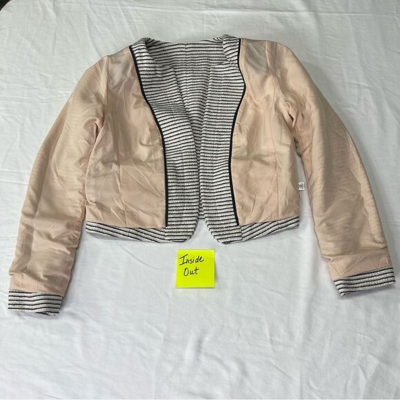 Womens Black & Light Cream Tweed Striped Crop Boxy Fit Blazer Suit Jacket Size 8 - Picture 12 of 15